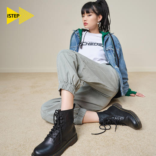 iSTEP秋冬厚底马丁靴复古英伦小皮靴8孔圆头系带增高机车工装靴 商品图0