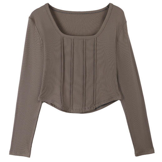 「两色可选」CANVAUS秋新款炸街美式辣妹心机方领露锁骨长袖打底衫女短款上衣 商品图4