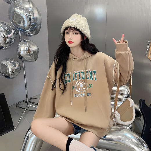 「五款配色」秋季时尚印花罗纹撞色长袖连帽卫衣 宽松简约学生休闲外套女上衣 商品图1