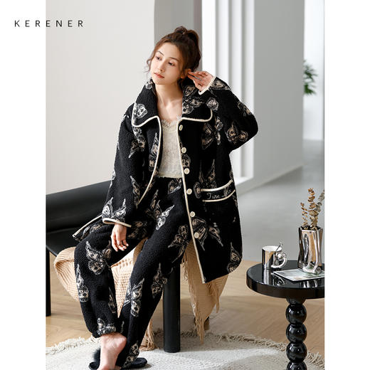 可人儿冬季睡袍女保暖云朵绒睡衣女士中长款珊瑚绒加厚家居服套装 商品图1