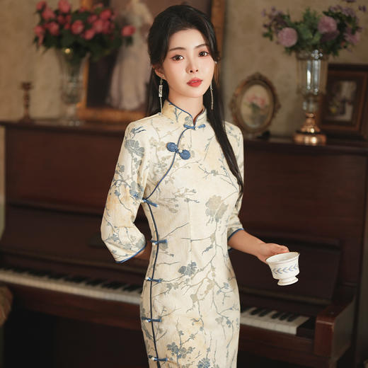 JLM 3162国风扎染修身旗袍单层韩国麻植绒面料 商品图3