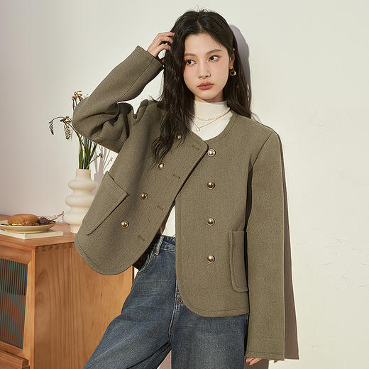 西遇法式复古呢子宽松短款外套女新款秋冬双排扣圆领上衣V2238635 商品图2