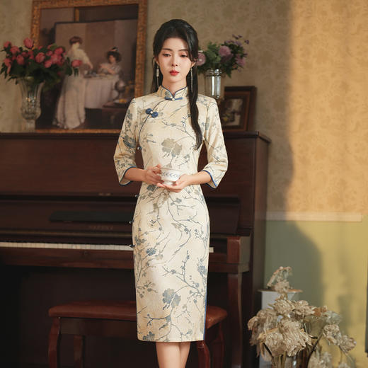 JLM 3162国风扎染修身旗袍单层韩国麻植绒面料 商品图1