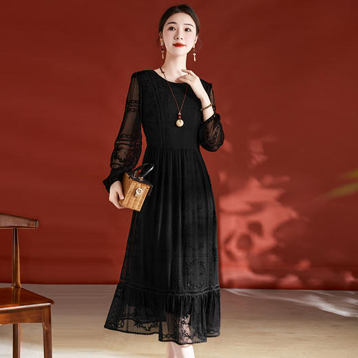 真丝桑蚕丝连衣裙女时尚气质复古赫本风小黑裙SM-82396108 商品图3