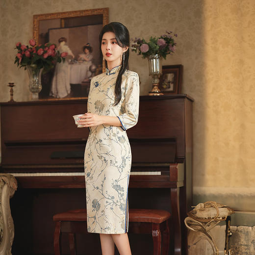 JLM 3162国风扎染修身旗袍单层韩国麻植绒面料 商品图2