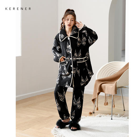 可人儿冬季睡袍女保暖云朵绒睡衣女士中长款珊瑚绒加厚家居服套装 商品图0