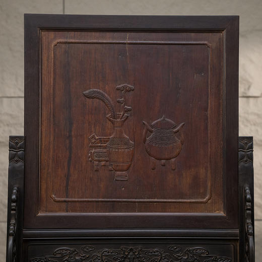 清 紫檀嵌黄花梨浮雕螭龙捧寿插屏 商品图2