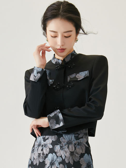 扶摇 高级感超好看新中式国风唐装盘扣黑色短外套提花半身裙包臀裙高腰显瘦 商品图4