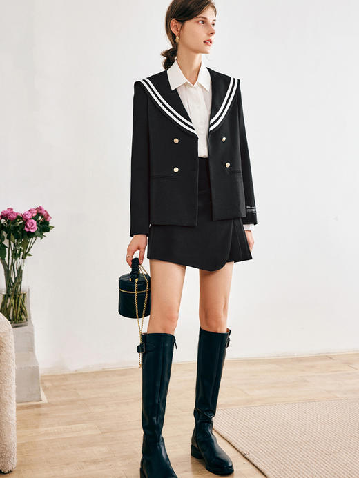 OLrain法式黑色半身裙女早秋2022年新款高腰设计感不规则a字短裙 商品图3