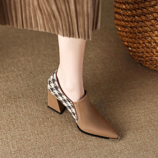 法式复古粗跟单鞋，拼色气质高跟深口单鞋DPJ-9360 商品图1