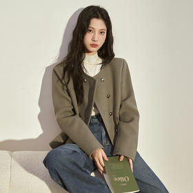 西遇法式复古呢子宽松短款外套女新款秋冬双排扣圆领上衣V2238635