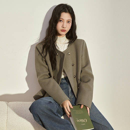 西遇法式复古呢子宽松短款外套女新款秋冬双排扣圆领上衣V2238635 商品图0