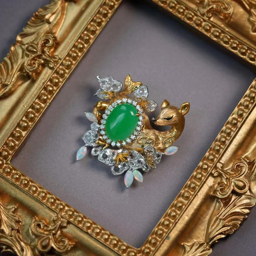 龢盒原创 18k金镶翡翠蛋面九色鹿胸针吊坠 商品图1