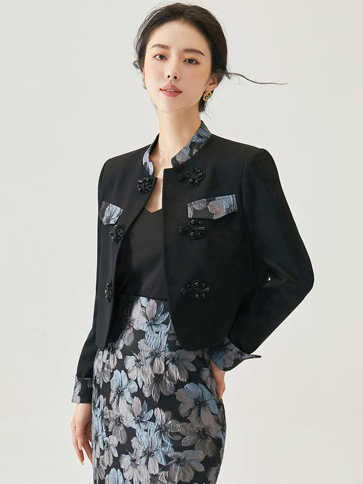 扶摇 高级感超好看新中式国风唐装盘扣黑色短外套提花半身裙包臀裙高腰显瘦 商品图1