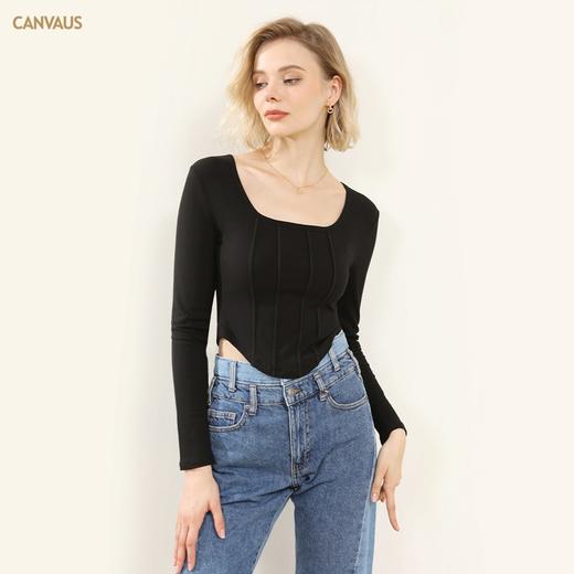 「两色可选」CANVAUS秋新款炸街美式辣妹心机方领露锁骨长袖打底衫女短款上衣 商品图2
