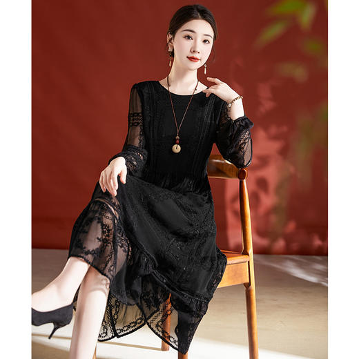 真丝桑蚕丝连衣裙女时尚气质复古赫本风小黑裙SM-82396108 商品图0