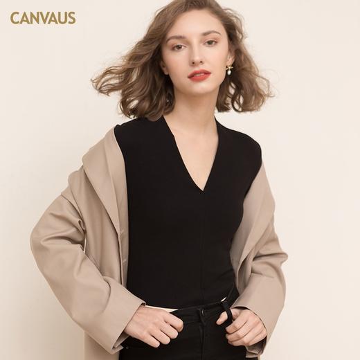 「两色可选！薄绒气质V领款」CANVAUS女装秋冬新款V领长袖 棉质薄绒纯色修身简约欧美风打底衫潮上衣 商品图2