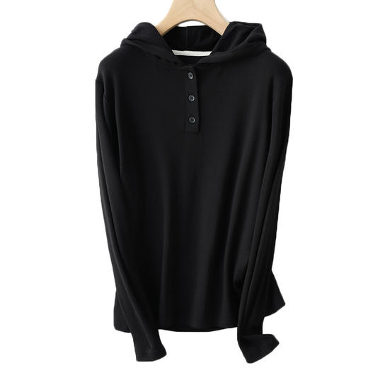 「三色可选！纽扣带帽款」YX秋冬针织打底衫 女休闲连帽外穿半开领长袖螺纹套头修身上衣女 商品图4