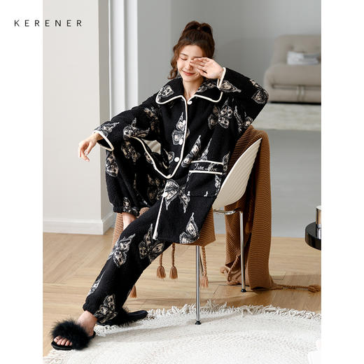 可人儿冬季睡袍女保暖云朵绒睡衣女士中长款珊瑚绒加厚家居服套装 商品图2
