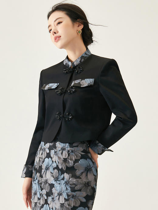 扶摇 高级感超好看新中式国风唐装盘扣黑色短外套提花半身裙包臀裙高腰显瘦 商品图3