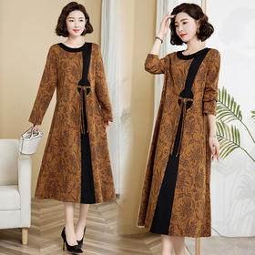 时尚洋气，秋季女装新款民族风复古长款套头圆领大版大码连衣裙HR-YYG82825