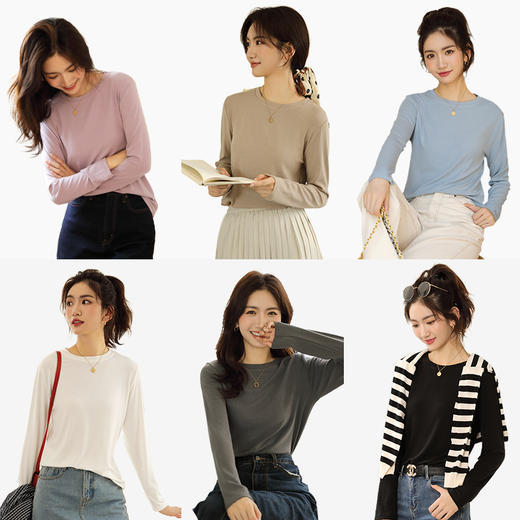 「六色可选！软糯手感」圆领长袖棉打底衫女秋冬外穿宽松T恤针织衫纯色弹力修身内搭上衣 商品图2