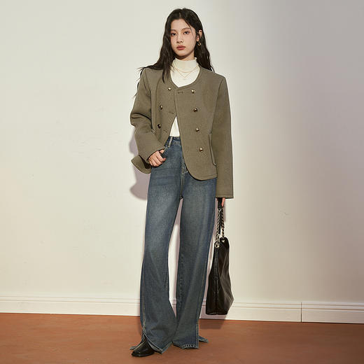 西遇法式复古呢子宽松短款外套女新款秋冬双排扣圆领上衣V2238635 商品图1