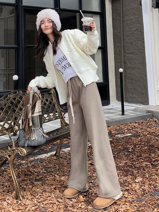 「四色可选！加厚款」秋冬加厚加绒阔腿裤 修身抽绳高腰直筒裤垂坠感长裤休闲裤下装 商品图1