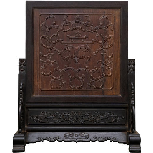 清 紫檀嵌黄花梨浮雕螭龙捧寿插屏 商品图5