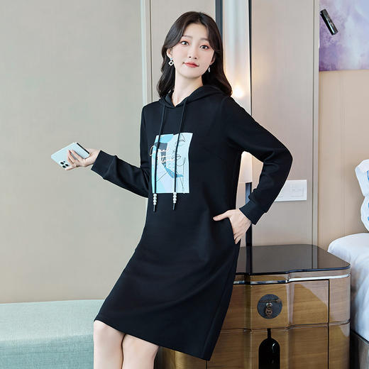 奢姿2023年冬装新款大码女装休闲印花裙子胖妹妹连帽卫衣连衣裙9934825930 商品图2