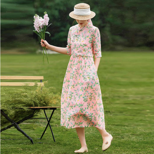 HM-S345夏季新款苎麻碎花连衣裙改良式旗袍领文艺田园风树叶印花 商品图0