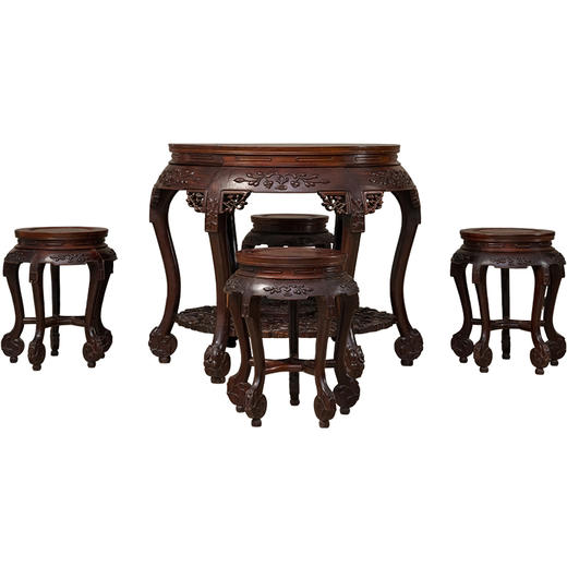 清 红木镶瘿木雕花果纹双拼圆桌及圆凳成套（一桌四凳） 商品图5