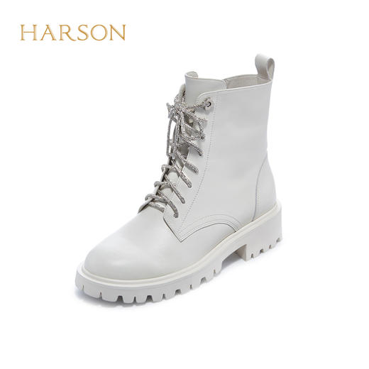 【自营】哈森 马丁靴女新款秋冬休闲8孔短靴白色绑带女靴 HA226007 商品图1