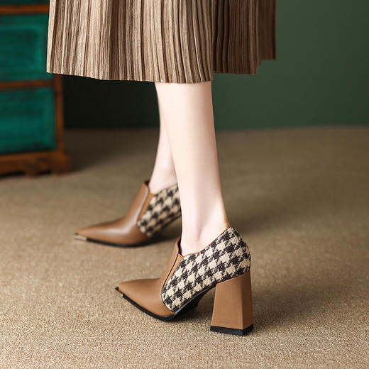 法式复古粗跟单鞋，拼色气质高跟深口单鞋DPJ-9360 商品图2