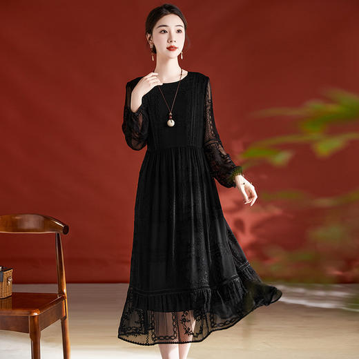 真丝桑蚕丝连衣裙女时尚气质复古赫本风小黑裙SM-82396108 商品图1