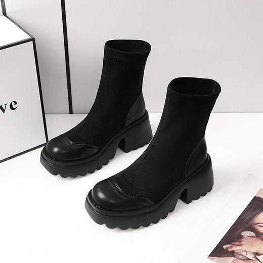 厚底粗跟弹力靴，小个子短靴秋冬季袜靴JC-2085 商品图3