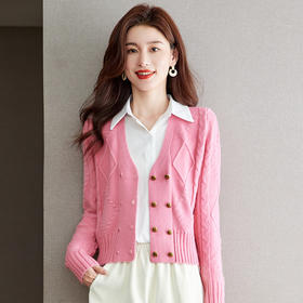双排扣v领针织开衫，春秋新款早秋高腰外搭上衣毛衣外套CC-J237