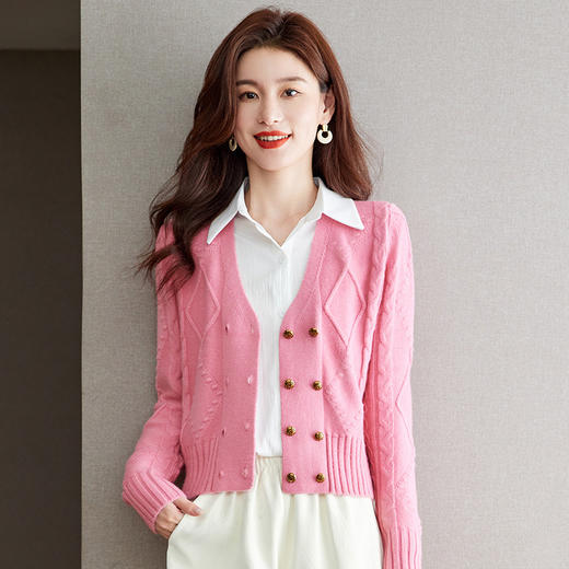 双排扣v领针织开衫，春秋新款早秋高腰外搭上衣毛衣外套CC-J237 商品图0