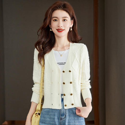 双排扣v领针织开衫，春秋新款早秋高腰外搭上衣毛衣外套CC-J237 商品图1