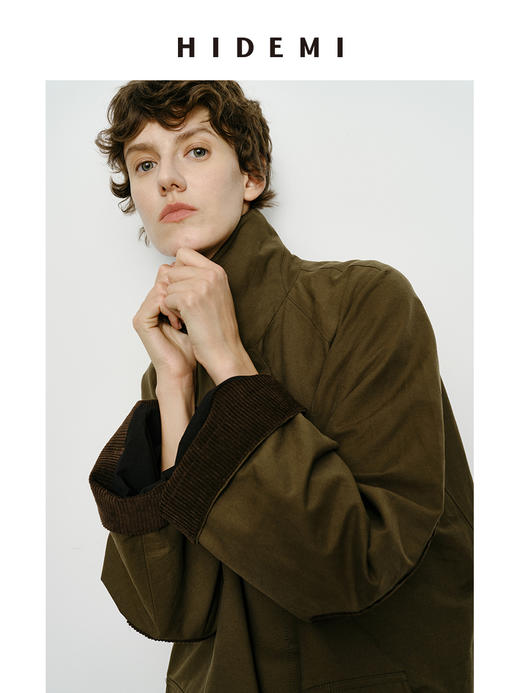 HIDEMI小男孩系列巴恩风灯芯绒拼接工装口袋式军绿色风衣外套 短款/长款 商品图8