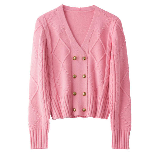 双排扣v领针织开衫，春秋新款早秋高腰外搭上衣毛衣外套CC-J237 商品图4