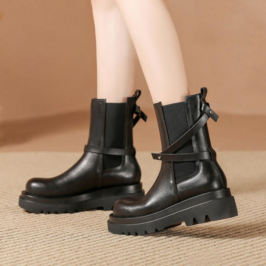 ZHR厚底短靴2023秋季新款气质圆头休闲百搭短筒酷飒设计感厚底短 商品图2