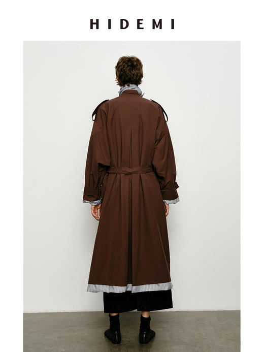 HIDEMI 乌木红棕色翻边条纹撞色设计感翻领双排扣长款风衣 商品图11