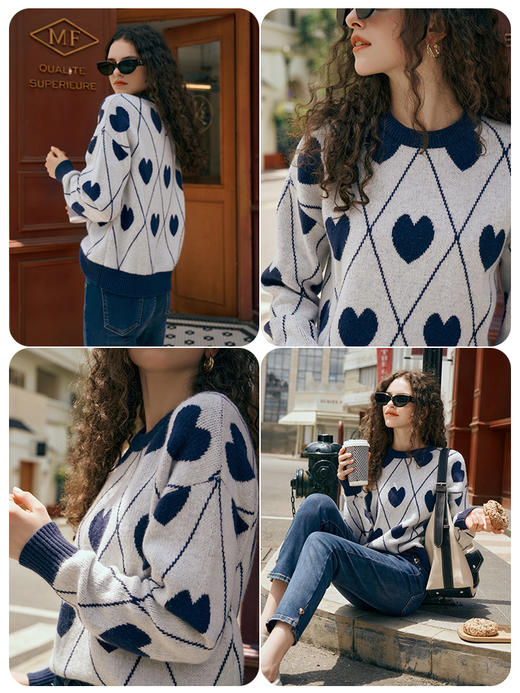 欧芮儿复古菱格毛衣女秋2023新款宽松慵懒软糯圆领提花套头针织衫 商品图1