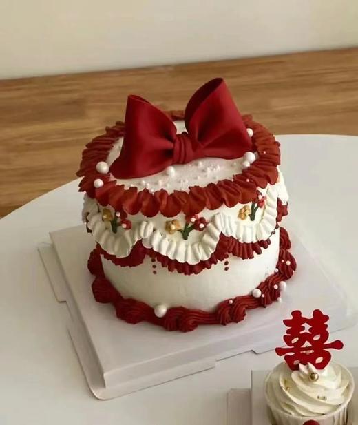 黑巢-订婚结婚翻糖蝴蝶结手绘蛋糕 商品图0