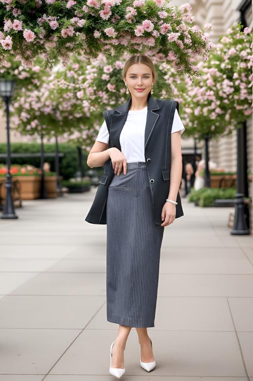 宽肩撞色明线多褶马甲 商品图0