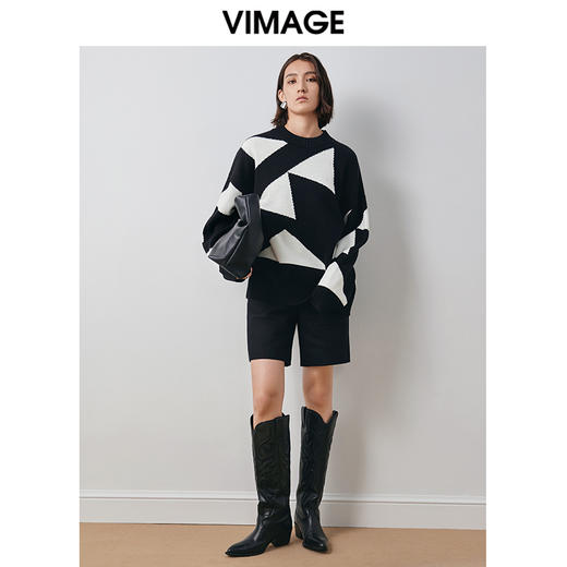 VIMAGE纬漫纪冬季新款撞色显瘦百搭基础简约针织衫V2001613 商品图1