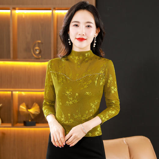 花色植绒长袖打底衫新中式国风修身T恤上衣KQL-765G938 商品图5