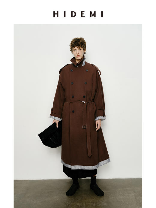HIDEMI 乌木红棕色翻边条纹撞色设计感翻领双排扣长款风衣 商品图4