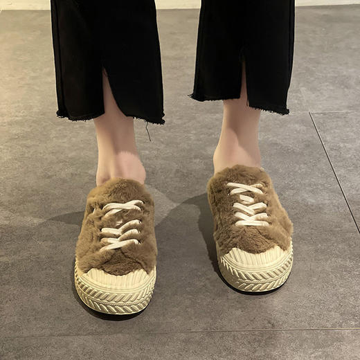 厚底毛毛包头半拖鞋女冬外穿网红系带饼干鞋加绒毛毛鞋 商品图3
